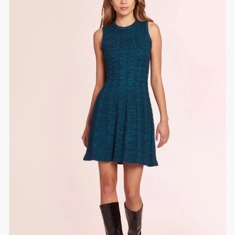 Amanda Uprichard Teal Braylen Bold Cable Knit Sleeveless Sweater Dress